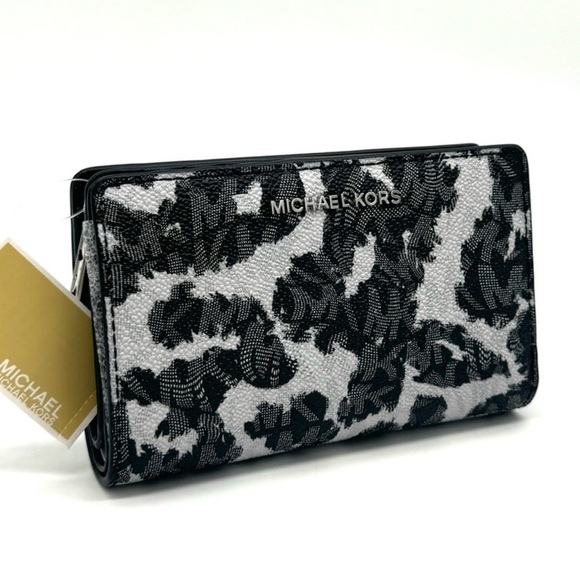 Michael Kors Medium Empire Leopard Logo Snap ZA Wallet Black Multi - Picture 3 of 10